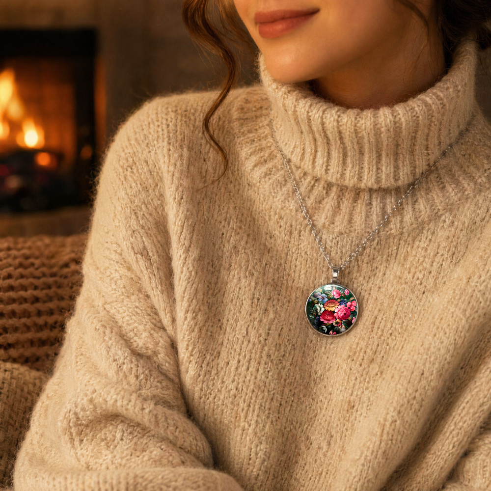 Colorful Floral Pattern Pendant, Unisex Round Glass Necklace
